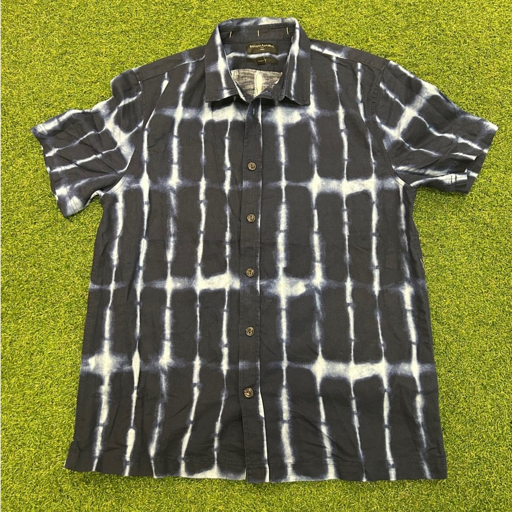 Banana Republic Mens Linen Slim Fit Shibori Tie Dye Short Sleeve Shirt Navy M